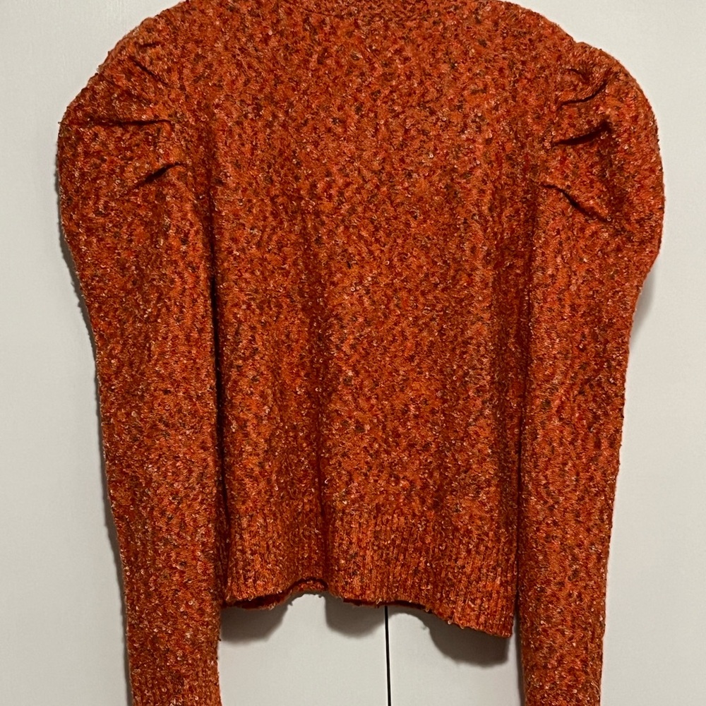 Karl Largerfeld Women's Orange Boucle Button-Up Puff Sleeve Sweater - Picture 3 of 7
